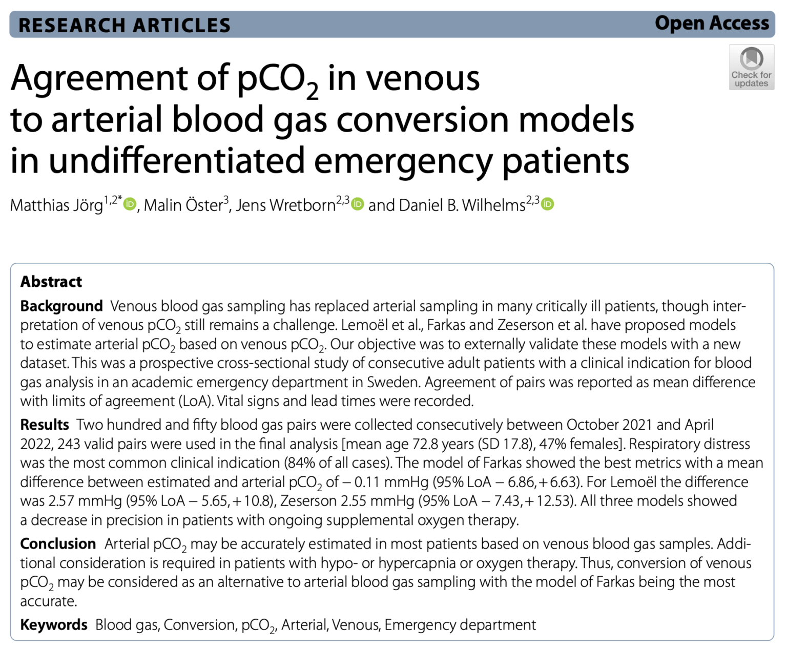 Agreement of pCO2 in venous to arterial blood gas conversion models in